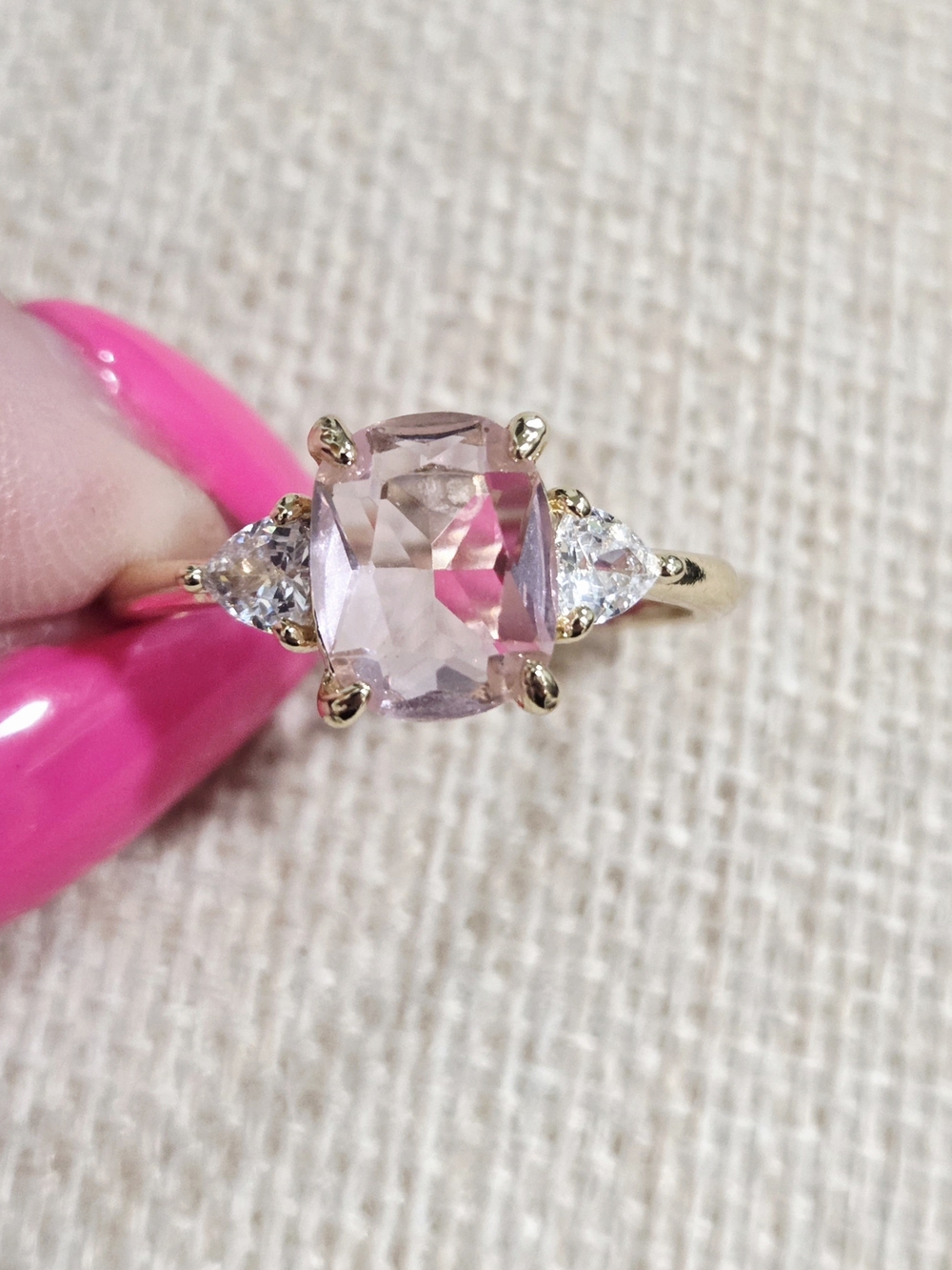 Gold Ring with Pink Cushion Morganite and CZ Accents~size 10